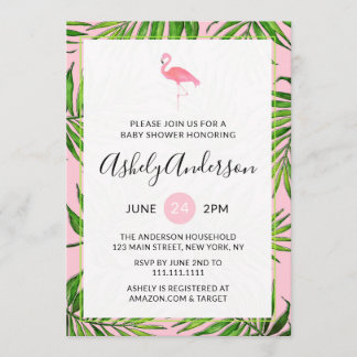 Flamingo Palm Leaves Baby Shower Invitation Card