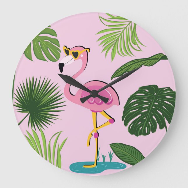 Flamingo Palm Leaves Tropical Design Large Clock (Front)