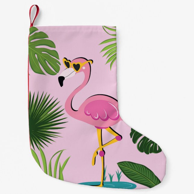 Flamingo Palm Leaves Tropical Design Small Christmas Stocking (Front)