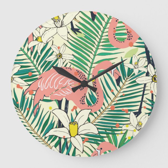 Flamingo Palm Leaves: Tropical Vintage Large Clock (Front)
