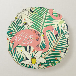 Flamingo Palm Leaves: Tropical Vintage Round Cushion