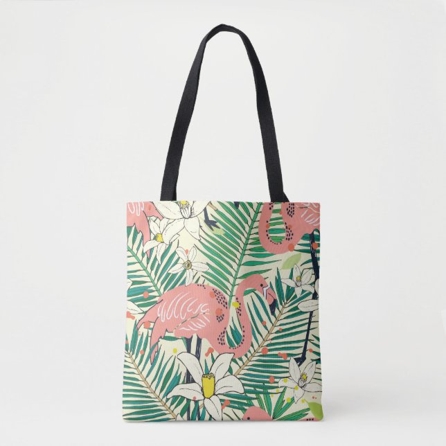 Flamingo Palm Leaves: Tropical Vintage Tote Bag (Front)