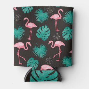 Flamingo, palm leaves: tropical watercolor. can cooler