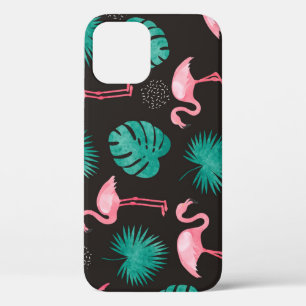 Flamingo, palm leaves: tropical watercolor. iPhone 12 case