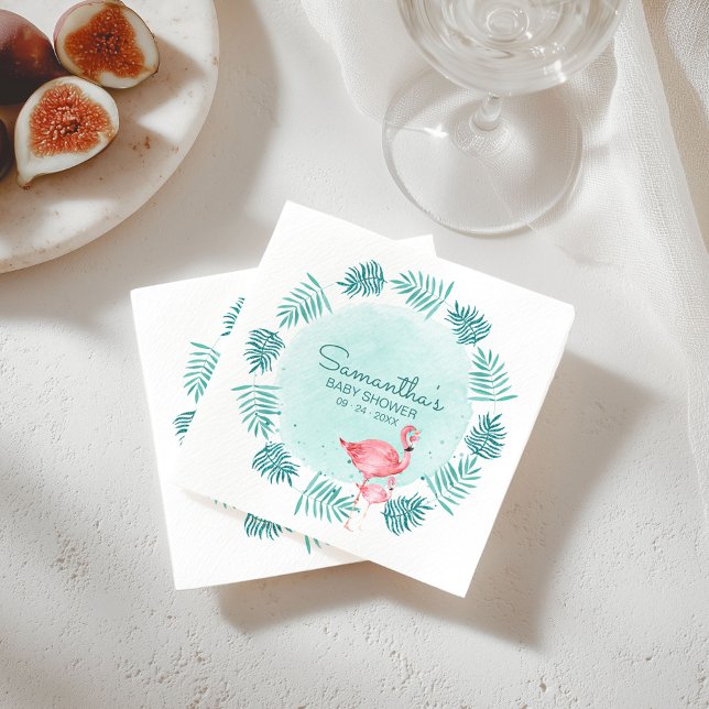 Flamingo & Palm Leaves Wreath Teal Baby Shower Napkin (Creator Uploaded)