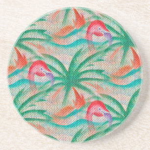 Flamingo Palm Tree Burlap Look Coaster