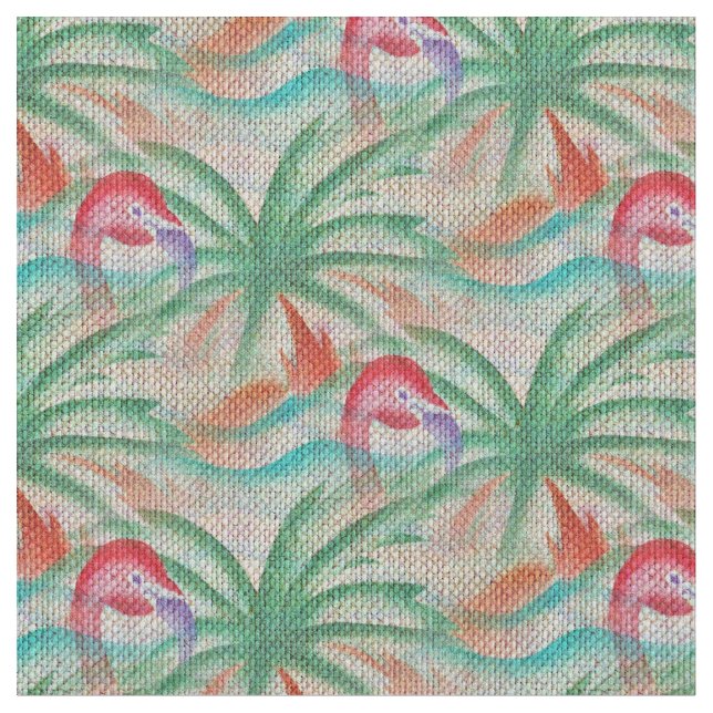 Flamingo Palm Tree Burlap Look Fabric (Close Up)