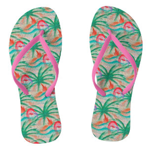 Flamingo Palm Tree Burlap Look Jandals