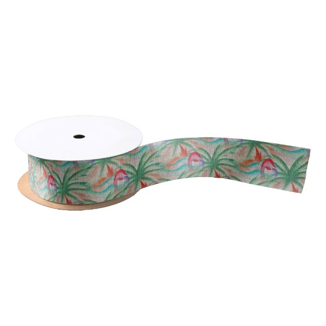 Flamingo Palm Tree Burlap Look Satin Ribbon (Spool)