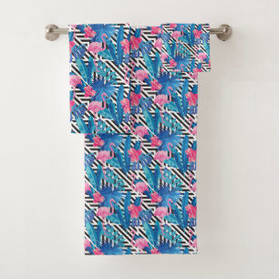 Flamingo & Palms on Geometric Pattern Bath Towel Set