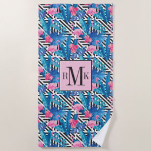 Flamingo & Palms on Geometric Pattern Beach Towel