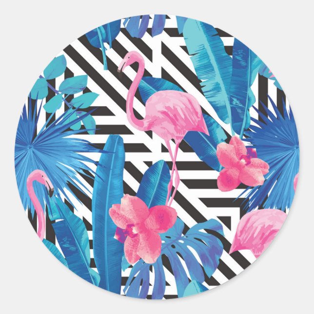 Flamingo & Palms on Geometric Pattern Classic Round Sticker (Front)