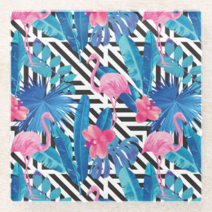 Flamingo & Palms on Geometric Pattern Glass Coaster