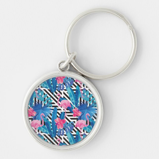 Flamingo & Palms on Geometric Pattern Key Ring (Front)
