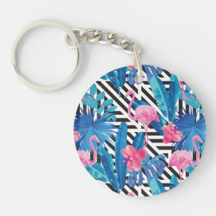Flamingo & Palms on Geometric Pattern Key Ring