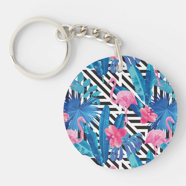 Flamingo & Palms on Geometric Pattern Key Ring (Front)