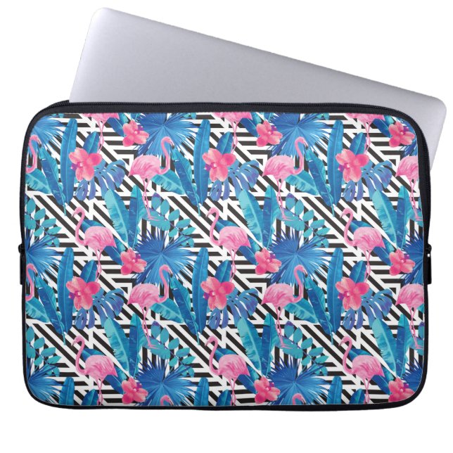 Flamingo & Palms on Geometric Pattern Laptop Sleeve (Front)