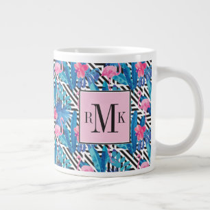 Flamingo & Palms on Geometric Pattern Large Coffee Mug