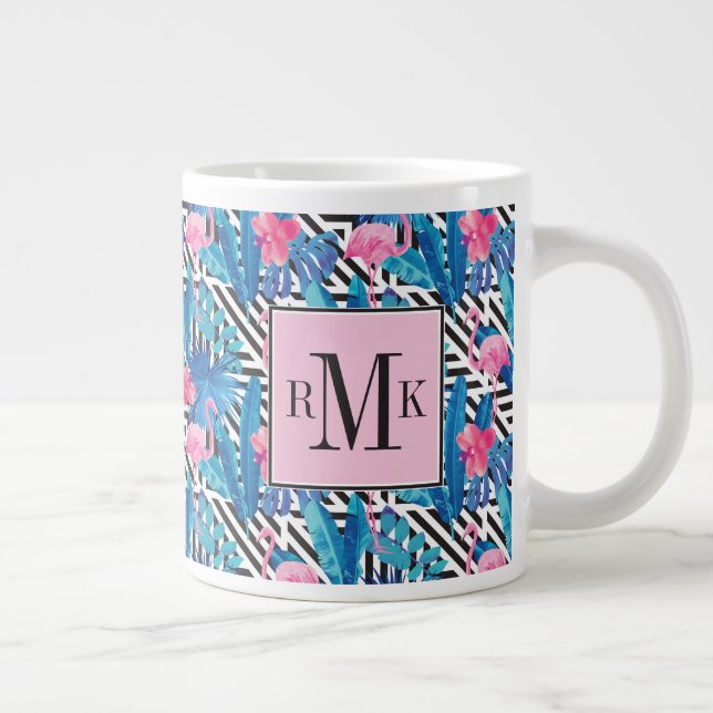 Flamingo & Palms on Geometric Pattern Large Coffee Mug (Right)