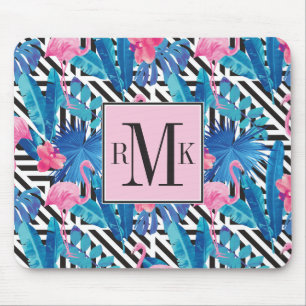 Flamingo & Palms on Geometric Pattern Mouse Pad