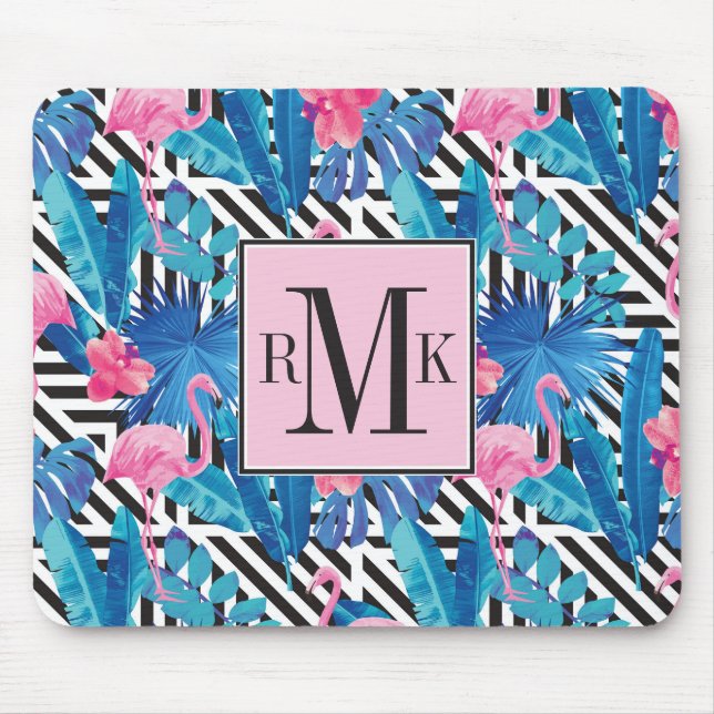 Flamingo & Palms on Geometric Pattern Mouse Pad (Front)