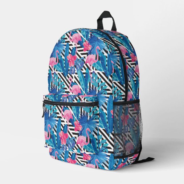 Flamingo & Palms on Geometric Pattern Printed Backpack (Back Corner Right)