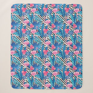 Flamingo & Palms on Geometric Pattern Sherpa Blanket