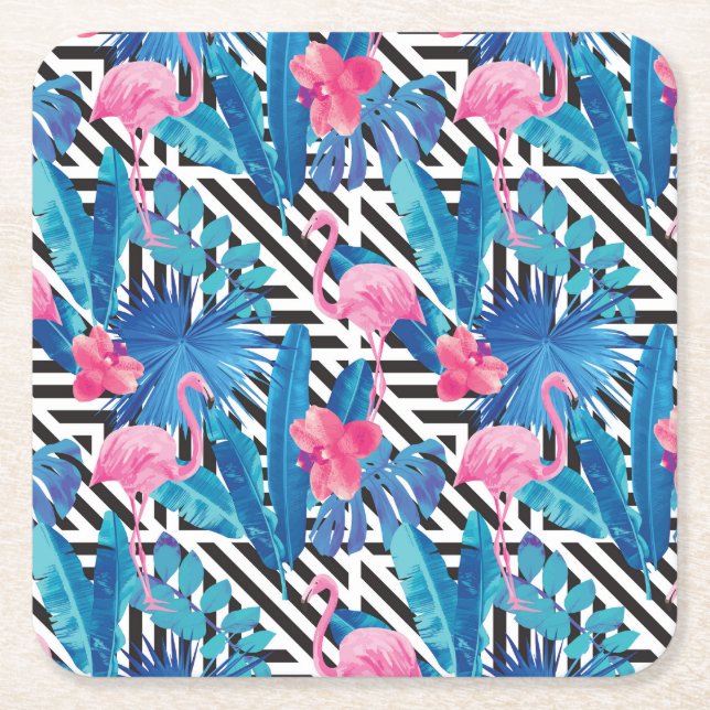 Flamingo & Palms on Geometric Pattern Square Paper Coaster (Front)