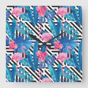 Flamingo & Palms on Geometric Pattern Square Wall Clock