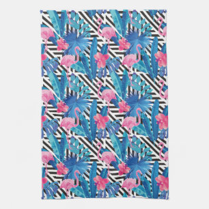 Flamingo & Palms on Geometric Pattern Tea Towel