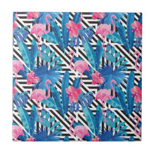 Flamingo & Palms on Geometric Pattern Tile