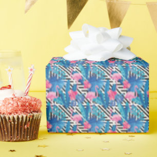 Flamingo & Palms on Geometric Pattern Wrapping Paper