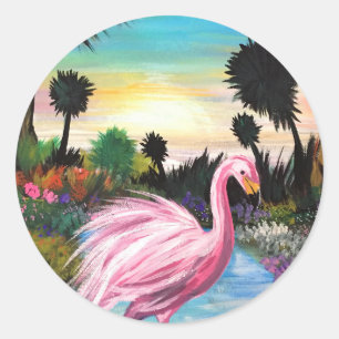 Flamingo Paradise Classic Round Sticker