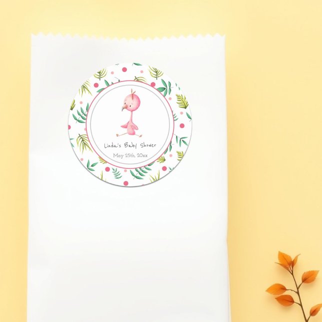 Flamingo Party Personalised Cute Baby Shower Classic Round Sticker (Creator Uploaded)