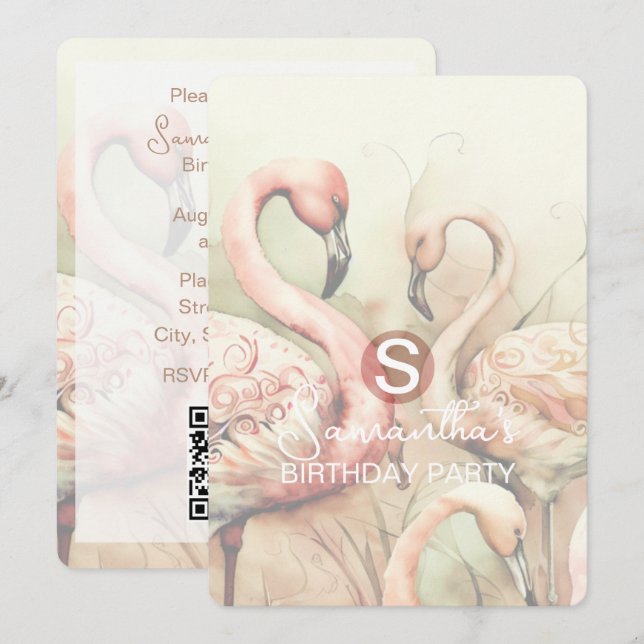 Flamingo Party Theme, QR Code, Custom Invitation (Front/Back)