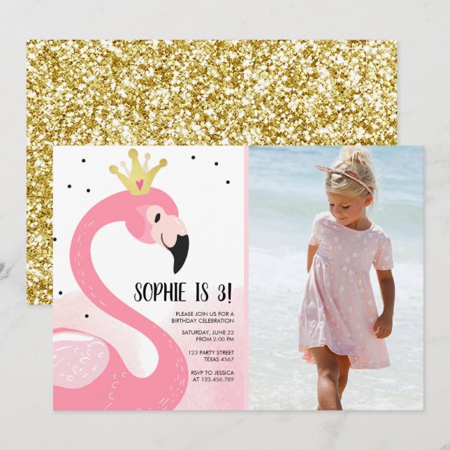 Flamingo party Tropical Pink Gold Girl Birthday Invitation (Front/Back)