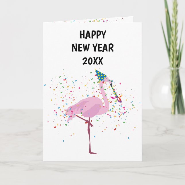 Flamingo Partying - Animals Holiday New Years Card (Front)