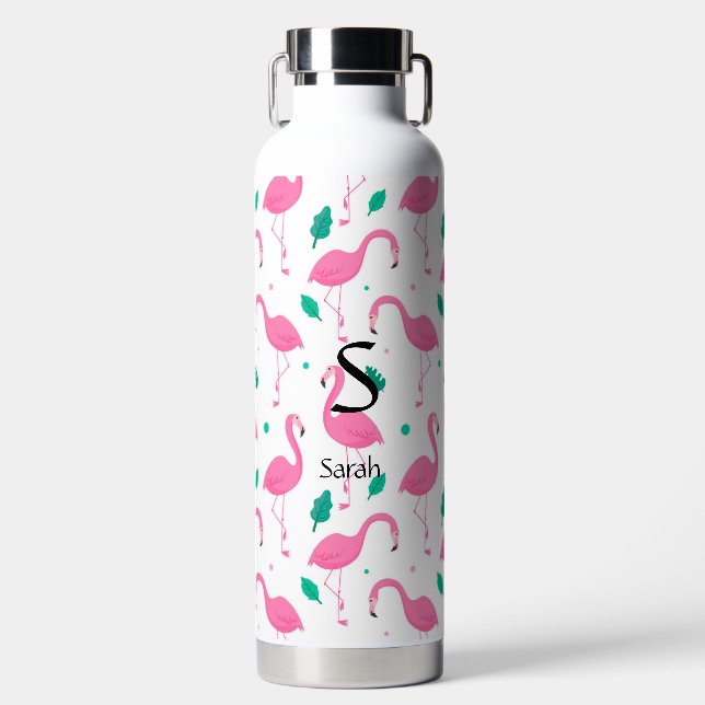 Flamingo pattern Monogram and Name Custom Water Bottle (Front)