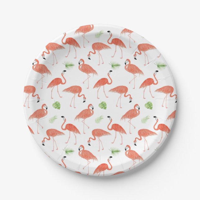 Flamingo Pattern Watercolor Paper Plate (Front)