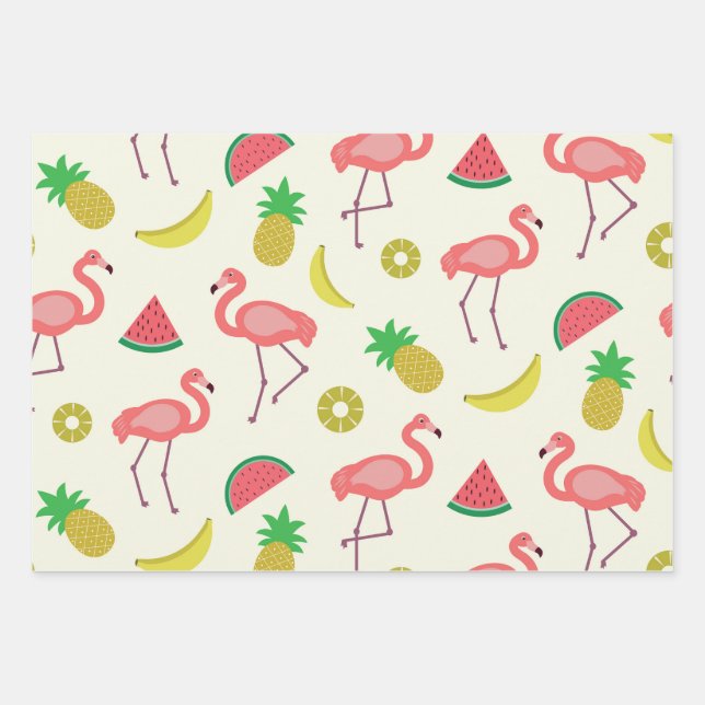 Flamingo Pattern with cute summer fruits  Wrapping Paper Sheet (Front)