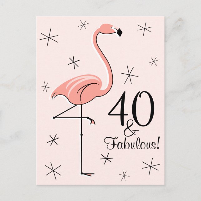 Flamingo Pink "40 and Fabulous!" vertical postcard (Front)