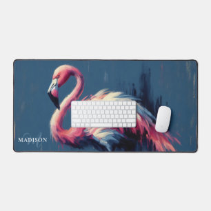 Flamingo Pink and Blue Oil Painting Monogrammed Desk Mat