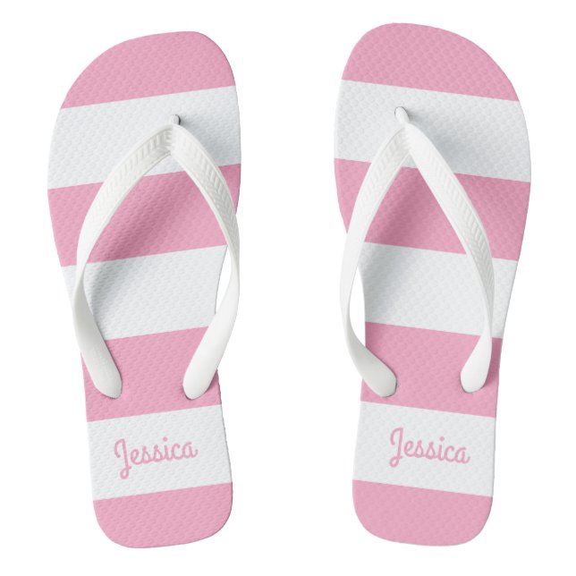 Flamingo Pink and White Stripe Personalised Jandals (Footbed)