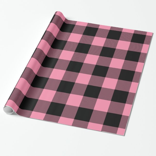 Flamingo Pink Black Huge Buffalo Plaid Lumberjack Wrapping Paper (Unrolled)