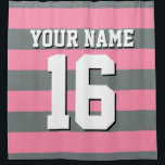 Flamingo Pink Charcoal Sports Jersey Preppy Stripe Shower Curtain<br><div class="desc">Preppy Striped Team Jersey / Sports Jersey / Football Jersey / Rugby Jersey with Custom Name Customise this with your own name or team name and a number. You can change the size, colour and placement of the text if you need to make changes, change the colour of or remove...</div>
