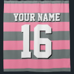 Flamingo Pink Charcoal Sports Jersey Preppy Stripe Shower Curtain<br><div class="desc">Preppy Striped Team Jersey / Sports Jersey / Football Jersey / Rugby Jersey with Custom Name Customise this with your own name or team name and a number. You can change the size, colour and placement of the text if you need to make changes, change the colour of or remove...</div>