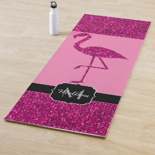Flamingo Pink faux glitter sparkle custom Monogram Yoga Mat