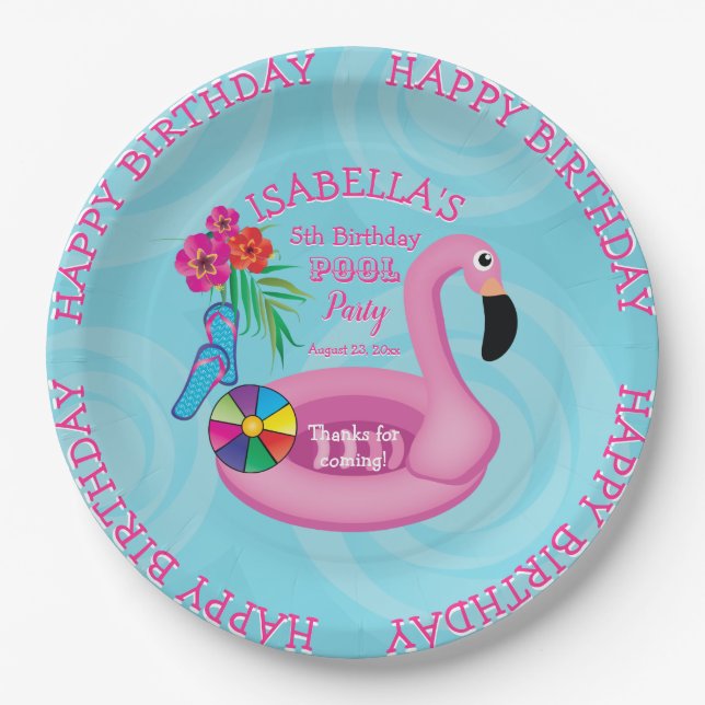 Flamingo Pink Floral Birthday Pool Party Paper Plate (Front)