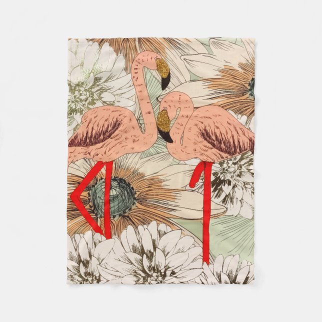 Flamingo Pink Floral Tropical Leaves Glitter Fleece Blanket (Front)