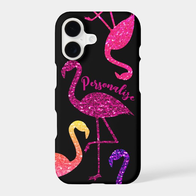 Flamingo pink glitter sparkles Personalise black iPhone Case (Back)